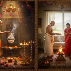 A split composition depicting two distinguished Indian priests in contrasting yet harmonious settings. On the left, a Pujari in simple saffron dhoti performs abhishekam in a grand temple sanctum, his hands gracefully holding a golden kalash over an ornate Shiva lingam, surrounded by traditional brass oil lamps and smoke from camphor. On the right, a Purohit in pristine white dhoti and angavastram conducts a home ritual in an affluent modern living room, performing a wedding ceremony with sacred fire, flanked by a married couple in traditional attire. The scene is illuminated by divine light streaming through temple architecture on the left and contemporary windows on the right. Intricate Madhubani-style borders frame each half, connected by a central golden mandala. The color palette features deep maroons, saffron, and gold in the temple half, transitioning to softer whites, creams, and warm pastels in the home setting. Floating lotus petals and subtle smoke tendrils create a mystical atmosphere, while detailed patterns and symbols like swastikas and Om signs adorn the borders. Hyperrealistic digital art style with attention to fabric textures and light play.