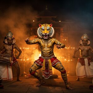 A dynamic scene of three muscular Indian male performers in full Puli Kali attire, their bodies painted in vibrant yellow and black tiger stripes with intricate traditional Kerala patterns. They wear elaborate tiger masks with fierce expressions, adorned with red and gold details. The performers are caught mid-dance against a backdrop of illuminated traditional Kerala temple architecture with brass oil lamps. Their poses are powerful and athletic, showing the characteristic hunter movements of Puli Kali. The scene is enhanced with swirling orange and gold smoke effects, creating a mystical atmosphere. In the foreground, traditional percussion instruments like chenda and thavil are partially visible. The lighting is dramatic, combining warm temple lights with cool moonlight, creating strong shadows that emphasize the body paint patterns. The art style merges hyperrealistic details of the body painting with surreal, ethereal elements, incorporating both Madhubani patterns and modern digital art techniques. The composition includes delicate lotus motifs and mandala patterns floating in the background, while maintaining focus on the dramatic performance.