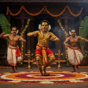 A dynamic scene of three muscular Indian male dancers in traditional Puli Kali costume, their bodies intricately painted with vibrant yellow and black tiger stripes, performing an energetic dance pose against a Kerala temple backdrop. Their faces painted with fierce tiger expressions, complete with sharp fangs and whiskers using yellow, red, and black colors. The dancers wear red and gold dhotis around their waists. The background features traditional Kerala architecture with brass oil lamps, banana leaves, and intricate wooden carvings. Soft evening sunlight casts dramatic shadows, while strings of jasmine flowers and marigolds decorate the scene. The ground is decorated with elaborate pookalam (flower rangoli) in concentric circles using orange, yellow, and white flowers. Smoke from incense creates a mystical atmosphere. The scene combines photorealistic details with traditional Pattachitra art style, enhanced with dramatic lighting and rich, deep colors. The composition captures the raw energy and cultural vibrancy of the performance, with motion blur effects suggesting movement and dance.