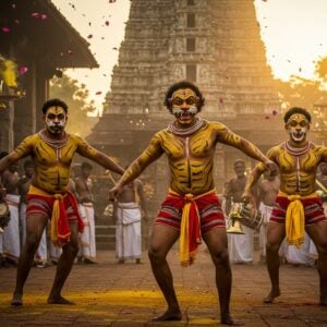 A dynamic scene of three muscular Indian male performers in traditional Puli Kali attire, their bodies painted with intricate yellow and black tiger stripes using natural colors, performing an energetic dance against the backdrop of Thrissur Vadakkumnathan Temple. Their faces are painted with fierce tiger expressions, complete with whiskers and fangs. The dancers wear bright red and yellow striped shorts. The lighting captures the golden hour sun, creating dramatic shadows and highlighting the glistening body paint. In the background, crowds of spectators hold brass para (traditional percussion instruments), with traces of yellow and red powder in the air. The scene incorporates elements of both photorealism and traditional Indian art style, with mandala patterns subtly woven into the temple architecture. The atmosphere is charged with festival energy, with floating lotus petals and intricate Kerala-style border patterns framing the composition. The color palette emphasizes deep yellows, blacks, reds, and gold, with a surreal, mystical quality to the lighting.