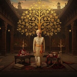 A majestic Indian palace courtyard in traditional Assamese architectural style with ornate pillars and intricate wooden carvings, bathed in golden evening light. In the center, Purandar Singha stands regally dressed in royal Ahom attire (cream and gold dhoti, ornate jacket, and traditional Assamese crown), surrounded by symbolic elements of the Ahom dynasty. Behind him, a detailed family tree emerges as a stylized sacred tree with golden leaves, each branch illuminated with a soft ethereal glow. The scene incorporates traditional Assamese motifs like jaapi patterns and bell metal designs. Ancient manuscripts and royal seals lie scattered on a decorated low table. The background features a blend of Madhubani-style patterns showing historical scenes from Ahom history in deep maroon and peacock blue. Ceremonial swords, traditional jewelry, and royal insignias are displayed prominently. The lighting creates dramatic shadows while highlighting the golden elements. The composition maintains photorealistic details while incorporating surreal elements like floating lotus flowers and subtle mandalas in the sky. The overall tone is regal, mysterious, and historically rich with a modern digital art finish.