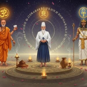A grand, ethereal scene depicting three distinguished Purohitas from different cultures - an Indian Brahmin Purohita in saffron dhoti and angavastram with sacred thread, rudraksha mala, and tilak; a Japanese Shinto priest in traditional white haori and hakama; and an Ancient Egyptian high priest in white linen robes with leopard skin drape. They stand in a triangular formation on a mystical platform adorned with intricate Madhubani-style mandala patterns. Behind each priest floats their respective sacred symbols - a golden Om symbol, a Torii gate, and an Ankh. The background features a cosmic spiral of ancient Sanskrit, hieroglyphic, and kanji texts rendered as flowing light streams. Soft orbs of divine light in pastel gold, blue, and saffron illuminate the scene. Sacred items like incense holders, ritual bells, and ceremonial vessels float around them. The art style combines traditional Indian Pattachitra patterns with modern digital art techniques, featuring rich jewel tones and metallic accents. The scene is bathed in ethereal mist with subtle lotus petals floating in the air, creating a mystical atmosphere that bridges ancient wisdom with contemporary aesthetics.