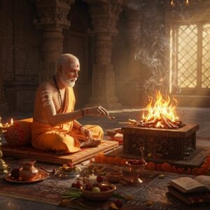 A distinguished elderly Indian Purohit in pristine white dhoti and angavastram, adorned with sacred thread and traditional tilak, performing an elaborate Vedic ritual in a grand temple sanctum. He sits cross-legged on an intricately carved wooden platform before a sacred fire altar with golden flames. His hands are positioned in precise mudras, surrounded by ceremonial items - copper kalash, silver bells, and brass lamps. The background features ornate temple architecture with carved pillars and detailed mandala patterns. Mystical smoke swirls create ethereal patterns, illuminated by warm golden light streaming through temple windows. Sacred Sanskrit manuscripts and ceremonial tools are arranged methodically nearby. The scene combines hyperrealistic detail with a subtle spiritual glow, featuring rich colors of saffron, gold, and deep maroon. Madhubani-style patterns adorn the temple walls, while the smoke elements incorporate modern digital art techniques. The Purohit's face reflects wisdom, devotion, and years of spiritual learning.