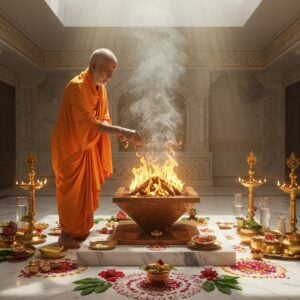 A distinguished elderly Indian priest in traditional saffron dhoti and angavastram performing an elaborate fire ritual (havan) in a modern marble temple setting. His hands are positioned in precise mudras over a geometrically perfect copper havan kund with dancing sacred flames. Intricate smoke patterns form ethereal Vedic symbols in the air. The priest is surrounded by contemporary brass ritual implements, crystal clear water vessels, and precisely arranged ceremonial items on a white marble platform. Golden light streams through modern skylights, creating divine rays that illuminate the sacred space. Detailed Madhubani-style patterns adorn the temple walls in metallic gold and deep indigo. Fresh flower petals and leaves are scattered in a precise mandala pattern around the havan kund. The scene combines traditional elements with modern architectural aesthetics, featuring clean lines and minimalist design while maintaining sacred geometry. The lighting is warm and spiritual, with soft glows from oil lamps merging with natural daylight. The priest's face shows deep wisdom and serenity, with subtle golden aura surrounding him. Hyperrealistic digital art style with attention to fabric textures and light reflections on metallic surfaces.