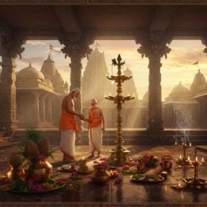 A serene Indian temple courtyard at dawn, with golden sunlight streaming through ornate stone pillars, illuminating a dignified elderly Purohit in traditional white dhoti and angavastram performing sacred rituals. The temple architecture features intricate Nagara-style carved details, with multiple shikhara towers rising against a mystical sky filled with soft pink and orange clouds. A large brass deepa stambha with multiple lit oil lamps stands prominently, casting warm light. In the foreground, brass kalashes filled with sacred water adorned with mango leaves and coconuts, alongside carefully arranged puja items - copper vessels, fresh flowers, and burning incense creating wisps of smoke. The scene incorporates Madhubani-style decorative elements in the borders with peacock motifs and geometric patterns. The lighting is ethereal with god rays filtering through the temple structure, creating a divine atmosphere. Multiple small oil lamps create dancing reflections on polished stone floors. The color palette includes deep maroons, burnished golds, and rich earth tones, with pops of marigold orange and lotus pink. Hyperrealistic digital art style with attention to architectural details and fabric textures.