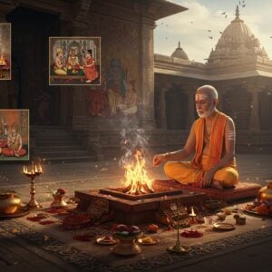 A majestic ancient Indian temple courtyard at dawn, where a distinguished elderly Purohita in pristine white dhoti and angavastram, adorned with sacred thread and traditional tilak, performs an elaborate Vedic ritual. He sits on an intricately carved stone platform before a sacred fire altar emitting golden flames and swirling smoke patterns. Around him are arranged precise geometric patterns of copper vessels, fresh flowers, and ritual implements. The scene is illuminated by both morning sunlight and the fire's glow, creating dramatic lighting. Behind him, temple walls showcase detailed Madhubani-style murals depicting various historical scenes of Purohitas advising kings. The background features ornate temple architecture with detailed mandala patterns and Sanskrit inscriptions. Floating translucent layers show three different time periods - ancient, medieval, and pre-modern - each showing a Purohita in characteristic period-accurate attire performing their duties. The art style combines hyperrealistic details with ethereal elements, featuring a color palette of deep maroons, burnished golds, and rich earth tones, accented by the warm glow of ceremonial fires. Soft particles of light and incense smoke create a mystical atmosphere.