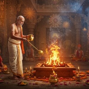A majestic Indian priest (Purohita) in pristine white silk dhoti with golden borders and angavastram, performing a grand Vedic ritual in front of an elaborately decorated fire altar (yagna kund). He holds a golden ceremonial spoon (sruk) in his right hand and sacred copper vessel (kalash) in his left. The scene is illuminated by the sacred fire's warm glow, creating dramatic shadows. Behind him, intricate Madhubani-style patterns depict ancient Sanskrit scriptures and Vedic symbols in gold and saffron. The background shows a magnificent temple courtyard with ornate pillars and marble floors. Floating mandalas and mystical smoke patterns in peacock blue and gold surround him. Royal figures and nobles sit respectfully in the background, symbolizing the Purohita's influence. The lighting is ethereal with divine rays streaming through temple windows. The art style combines hyperrealistic detail with traditional Indian artistic elements, creating a surreal, spiritual atmosphere. Small details include scattered flower petals, brass ritual implements, and subtle geometric patterns on the floor.