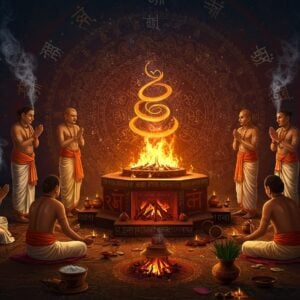 A mystical ancient Indian ritual scene at twilight, featuring an ornate Vedic fire altar (agni kunda) decorated with intricate Madhubani-style patterns in gold and saffron. A group of seven traditionally-dressed Vedic priests in white dhotis and angavastrams performing rituals around the sacred fire, their hands raised in devotion. Golden flames rise from the altar, transforming into ethereal spirals and sacred geometrical patterns. The background shows a massive mandala in deep maroon and peacock blue, with Devanagari scripts seamlessly integrated into its design. Scattered around are authentic Vedic ritual items - copper vessels, sacred grass, and ghee pots adorned with traditional patterns. The scene is illuminated by floating diyas creating a warm, spiritual ambiance. The art style combines hyperrealistic details with surreal elements, featuring a rich color palette of deep golds, burnt oranges, and celestial blues. Sacred threads and smoke wisps form symbolic patterns in the air. The entire composition is framed by stylized lotus motifs and traditional Pattachitra border designs.
