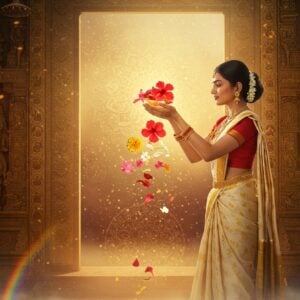 A serene Indian woman in a pristine white and gold silk saree performing Pushpanjali, her hands gracefully cupped upward forming a lotus shape, filled with vibrant red hibiscus, pink lotus petals, yellow marigolds, and white jasmine flowers. The flowers are floating and emanating a subtle divine glow. Behind her is a large, ornate temple doorway carved in traditional Indian architecture, with intricate Madhubani-style patterns. A shaft of golden sunlight streams through the doorway, creating a heavenly atmosphere. Multiple translucent mandalas float in the background, overlapping and creating sacred geometry patterns. Small particles of light and flower petals drift upward around her. The scene is rendered in a modern digital art style while maintaining traditional Indian artistic elements, with a color palette of deep gold, saffron, crimson, and peaceful blues. Ethereal mist swirls at her feet, and a subtle rainbow aura surrounds the offering. The overall composition emphasizes the divine connection between the devotee and the sacred act of flower offering.