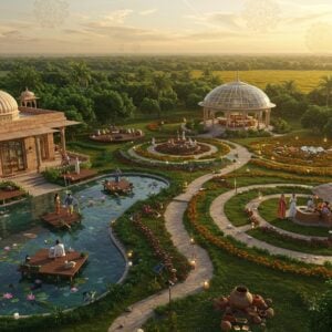 A serene aerial view of a luxurious Indian farm estate at golden hour, featuring manicured Mughal-style gardens with geometric patterns and flowing fountains. In the foreground, a modern glass-and-stone welcome center with traditional Indian architectural elements like jharokhas and carved pillars. The landscape showcases vibrant organic vegetable patches, flowering marigold fields, and mango orchards arranged in concentric circles. A meandering pathway lined with solar-powered lights leads to a grand pavilion with a contemporary glass dome adorned with traditional Indian motifs. Small groups of people in modern Indian attire explore various activity zones - some practicing yoga on elevated wooden decks, others participating in cooking classes in an open-air kitchen. The scene is enhanced with floating lotus flowers in a crystal-clear pond, peacocks roaming freely, and traditional clay pottery displays. The lighting is warm and ethereal, with soft golden rays filtering through towering neem and banyan trees. Art style combines hyperrealistic digital photography with subtle Madhubani pattern overlays in the sky, creating a harmonious blend of modern luxury and traditional Indian aesthetics. The overall atmosphere suggests exclusivity, wellness, and cultural authenticity.