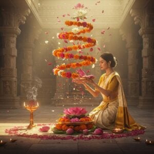A serene Indian temple courtyard at dawn with golden sunlight filtering through, where a young Indian woman in a pristine white and gold silk saree performs Pushpanjali (offering of flowers). Her hands are elegantly positioned in a lotus mudra, holding fresh pink and white lotus flowers and marigolds. Above her, floating in a spiral pattern, are various flowers - lotus, jasmine, and rose petals - creating a mystical mandala pattern in the air. The background features intricately carved temple pillars with traditional Madhubani patterns, merged with modern geometric designs. Soft rays of light create a divine atmosphere, with subtle particles of light dancing around the flowers. The scene includes delicate smoke wisps from copper incense holders, creating an ethereal atmosphere. The color palette consists of morning gold, soft pink, pristine white, and deep temple stone grays. The art style combines hyperrealistic digital rendering with traditional Indian Pattachitra art elements, featuring detailed textures and ornate patterns. Small oil lamps cast a warm glow across the scene, creating dramatic lighting that emphasizes the spiritual nature of the ritual.