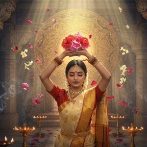 A serene Indian woman in a traditional silk saree (cream and gold) performing Pushpanjali with both hands held above her head in a cup shape, filled with vibrant red hibiscus flowers, pink lotus petals, and white jasmine blooms. Behind her, a large ornate golden mandala glows softly, emanating divine light. The background features a marble temple interior with intricate Madhubani-style patterns on pillars. Floating flower petals and sacred threads (mauli) drift gracefully in the air, creating a mystical atmosphere. Small oil lamps with gentle flames line the foreground, their light creating a warm golden glow. The woman's face shows deep devotion, with her eyes closed in meditation, wearing traditional jewelry including a bindi, nose ring, and temple jewelry. Ethereal rays of light filter through temple windows, creating dramatic god rays. The scene combines photorealistic details with spiritual symbolism, rendered in a modern digital art style with rich colors and soft lighting. Small trails of incense smoke curl upwards in spirals, adding to the sacred atmosphere.