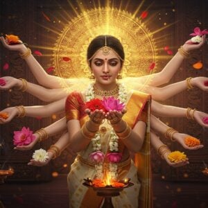 A serene Indian woman in a pristine white and gold silk saree performing Pushpanjali, her hands gracefully cupped upward filled with vibrant fresh flowers (red hibiscus, white jasmine, pink lotus, yellow marigolds). Her fingers are adorned with alta and gold rings. A golden mandala halo glows behind her, emanating divine light rays. Multiple translucent hands emerge from behind her in a circular pattern, each holding different sacred flowers in Pushpanjali mudra, creating a mesmerizing visual effect. The background features an ornate temple doorway with traditional Madhubani-style carved patterns. Floating flower petals and sparkles of divine light fill the air. Subtle smoke from copper incense holders weaves through the scene. The lighting is warm and ethereal with soft highlights on the flowers and the woman's serene face. The art style combines hyperrealistic digital rendering with traditional Indian art motifs, featuring rich jewel tones of deep maroon, saffron, and peacock blue with gold accents.
