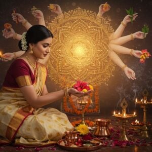 A serene Indian woman in a traditional cream silk saree with golden border performing Pushpanjali (offering flowers with both hands) in front of an ornate temple altar. Her hands are gracefully cupped together, filled with vibrant red hibiscus, white jasmine, yellow marigolds, and pink lotus petals. Behind her, a large, intricate golden mandala glows softly, emanating divine light. Multiple translucent, ethereal hands in various mudras emerge from the mandala, each holding different sacred flowers - champaka, tulsi, bilva leaves, and rose petals. The scene is bathed in warm, diffused light with smoke from brass deepams creating a mystical atmosphere. Floating diyas and flower petals surround the composition. The foreground features a copper puja thali with traditional items - kumkum, turmeric, and an ornate silver bell. The art style combines traditional Madhubani patterns in the border details with modern digital aesthetics, using a color palette of deep maroon, saffron, gold, and peacock blue. Photorealistic rendering with magical realism elements.
