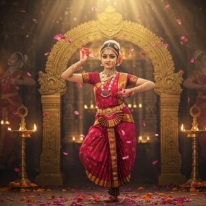 A graceful Indian female Bharatanatyam dancer in mid-performance of Pushpanjali, wearing a traditional bright maroon and gold silk bharatanatyam costume with temple jewelry. Her hands are positioned in the specific mudra for offering flowers, holding vibrant orange and pink lotus petals. Her expression shows deep devotion (bhakti rasa). Behind her, a large ornate golden arch decorated with intricate Madhubani-style patterns and floating marigold garlands. The background features a soft-focus temple sanctum with glowing oil lamps. Multiple ethereal, translucent dancers in matching poses appear as subtle overlays, creating a sense of movement. Scattered rose petals and floating golden particles add a magical atmosphere. The lighting is warm and dramatic, with rays of divine light streaming from above. The scene incorporates traditional South Indian temple architecture elements with mandala patterns. The overall composition should blend photorealistic details with ethereal, spiritual elements in a modern digital art style, emphasizing the grace and devotion of the dance form.