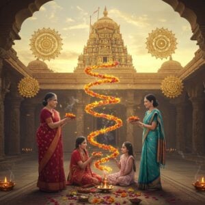 A serene Indian temple courtyard at dawn, where three generations of Indian women in traditional attire (grandmother in maroon silk saree, mother in peacock blue saree, daughter in pale pink salwar) perform Pushpanjali together. Their hands are elegantly cupped, filled with vibrant marigolds, roses, and lotus petals. Above them, floating ethereally in a spiral pattern, are different styles of offering flowers representing various Indian regions - jasmine garlands from South India, lotus from Bengal, and champa from North India. The scene is illuminated by soft golden morning light filtering through ornate temple architecture. Multiple golden mandalas float in the background, each containing intricate Madhubani-style patterns. The temple pillars feature detailed Pattachitra art showing different regional temple architectural styles. Swirling, glowing peacock-colored energy streams connect the offerings to the mandalas. The atmosphere is mystical with floating diyas, subtle incense smoke trails, and scattered flower petals. The color palette combines deep traditional colors (maroon, saffron, gold) with soft ethereal tones (pale pink, powder blue, lavender). Photorealistic digital art style with magical realism elements.