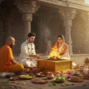 A sacred Vedic ritual scene in a grand traditional temple courtyard at dawn, featuring a Hindu couple performing the Putrakameshti yagna. The husband and wife, dressed in pristine white traditional attire with gold borders, sit beside an ornate golden fire altar decorated with intricate Madhubani patterns. The sacred fire glows with ethereal orange-golden flames, casting warm light on their faces. A learned Vedic priest in saffron robes performs the ritual, his hands positioned in precise mudras. Around the fire altar are traditional items - copper kalash with mango leaves and coconut, milk in silver vessels, ghee, flowers, and sacred grains arranged in geometric patterns. The background features ancient stone temple architecture with carved pillars and archways adorned with lotus motifs. Floating in the air are subtle, translucent visualizations of divine blessings - small golden particles and soft light streams. The atmosphere is enhanced by wisps of sacred smoke forming mystical patterns in the air, carrying the essence of Vedic mantras. The lighting is warm and divine, with soft golden rays filtering through the temple architecture. Art style combines hyperrealistic digital art with traditional Pattachitra elements, maintaining a sophisticated modern aesthetic while honoring ancient traditions.