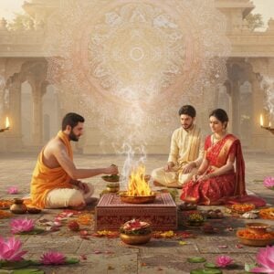 A serene Hindu temple courtyard at dawn with soft golden light, where a detailed Vedic fire altar (havan kund) takes center stage, adorned with intricate Madhubani-style patterns. A priest in traditional white dhoti performs the ritual with sacred offerings of ghee, rice, and herbs. Behind him, a devoted Indian couple in traditional attire (man in cream kurta, woman in red silk saree) sits reverently. The scene is surrounded by blooming lotus flowers and floating marigold petals. Ethereal smoke wisps form celestial patterns in the air, carrying subtle forms of baby cradles and divine blessings. The background features a large, glowing mandala in soft pastels (pink, gold, and light blue) with intricate Sanskrit-inspired geometric patterns. Traditional brass lamps with burning flames frame the scene. Floating diyas create a path of light. The art style combines hyperrealistic digital rendering with traditional Indian Pattachitra elements, emphasizing the mystical atmosphere through soft lighting and detailed textures.