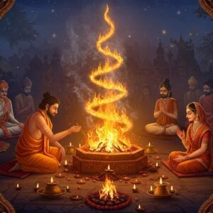 A serene evening scene depicting a sacred Putrakameshti Yagna ritual, with a main Indian priest in saffron dhoti performing the ceremony around an ornate fire altar adorned with traditional Vedic patterns. The fire emits golden-orange flames that spiral upward, forming ethereal patterns of divine blessings. In the background, multiple couples from different cultures (Indian, Persian, and ancient Greek) sit in prayer position, dressed in their traditional attire. The scene is illuminated by the warm glow of the sacred fire and floating diyas, creating a mystical atmosphere. Intricate Madhubani-style borders frame the scene, featuring fertility symbols like peacocks, lotus flowers, and the sacred kalash. Smoke tendrils form subtle silhouettes of divine blessings and celestial beings. The color palette combines deep maroons, saffron, gold, and peaceful blue tones. The entire scene is rendered in a harmonious blend of traditional Indian art style with modern digital aesthetics, emphasizing the spiritual and universal nature of the ceremony. Soft rays of divine light filter through from above, creating a heavenly ambiance.