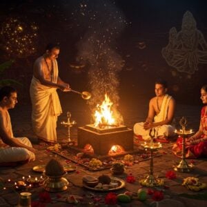 A serene night-time sacred ritual scene featuring an intricately detailed Vedic fire altar (agni kunda) with golden flames reaching skyward, surrounded by four learned Brahmin priests in traditional white dhotis performing the yagna. The main priest holds a golden sruk and sruva (ritual spoons) offering ghee into the sacred fire. A married Indian couple in traditional attire (man in cream kurta-dhoti, woman in red silk saree with gold border) sits reverently near the altar. Above the fire, ethereal swirls of smoke form subtle silhouettes of a mother holding a baby. The scene is illuminated by brass deepams and the fire's glow, creating a warm golden ambiance. Decorative elements include fresh mango leaves, banana plants, kalashes with coconuts, and scattered red hibiscus flowers. The background features intricate Madhubani-style patterns in deep maroon and gold, with subtle mandala motifs. The overall composition has a dreamy, spiritual quality with soft lighting and hints of divine energy through golden sparkles and aura. Photorealistic digital art style with attention to traditional Indian artistic elements and accurate ritual details.
