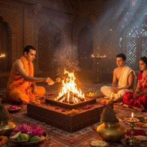 A serene indoor temple sanctum illuminated by golden oil lamps, featuring a traditional Vedic fire altar (havan kund) with sacred flames dancing in intricate patterns. A Hindu priest in saffron dhoti performs the ritual, his hands positioned in specific mudras over the fire. The altar is decorated with fresh flowers, particularly red lotus and marigolds, arranged in Madhubani-style patterns. Brass kalash vessels with coconuts and mango leaves sit beside the altar. A married Indian couple in traditional attire (man in white kurta, woman in red silk saree) sits reverently near the fire. The background shows intricate mandala patterns in gold and saffron, with subtle symbols of fertility like peacocks and the tree of life. Soft rays of divine light filter through temple windows, creating a mystical atmosphere. The scene incorporates Pattachitra-style border details with celestial elements. The smoke from the sacred fire forms ethereal swirls containing subtle hints of divine blessings. The overall color palette focuses on deep maroons, burnt orange, gold, and peaceful blues, with a soft glowing aura surrounding the entire scene.