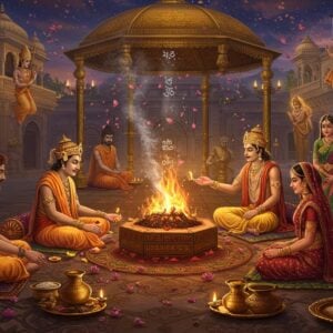 A grand Vedic ritual scene depicting King Dasharatha performing the Putrakameshti Yagna in an ornate golden pavilion, illuminated by sacred fire. The king wears royal attire with detailed embroidery and jewels, seated beside Sage Rishyasringa who's performing the ritual. The sacred fire altar is adorned with intricate Madhubani-style patterns, emanating ethereal golden flames mixed with divine smoke forming subtle celestial patterns. Four other sages in saffron robes sit around the fire, chanting mantras. Queen Kaushalya, Sumitra, and Kaikeyi, dressed in rich silk sarees with traditional jewelry, watch from nearby. Sacred offerings of ghee, flowers, and grains are arranged in golden vessels. The background features a magnificent palace with Indo-Saracenic architecture. Mystical elements include floating golden Sanskrit symbols dissolving into light, celestial flowers showering from above, and subtle forms of devas watching from clouds. The scene is rendered in rich colors - deep maroons, royal blues, and burnished gold, with soft divine light suffusing the entire composition. Art style combines hyperrealistic details with ethereal Indian traditional art elements.