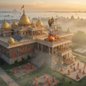 A serene aerial view of a magnificent modern Ramanandi ashram complex at sunrise, featuring traditional Nagara-style architecture blended with contemporary design elements. The central temple has intricate gold-detailed spires and a large statue of Lord Rama in meditation pose, adorned with jewels and flower garlands. The surrounding gardens showcase neat rows of sacred Tulsi plants and blooming lotus ponds. Multiple Indian devotees in saffron and white attire are seen practicing yoga and meditation in peaceful courtyards. The scene is illuminated by soft, golden morning light creating a mystical atmosphere with gentle fog. Intricate Madhubani-style patterns decorate the walls, featuring scenes from Ramayana in deep maroon and peacock blue. Modern solar panels seamlessly integrate with traditional architecture. Digital art style merging photorealistic rendering with traditional Indian art elements, emphasizing both spirituality and contemporary relevance. Ethereal light rays pierce through morning mist, creating a divine ambiance. The composition includes subtle Hanuman ji's silhouette blessing the ashram from a distance.