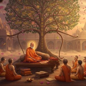 A serene scene depicting a traditional Indian courtyard at dawn with intricate Madhubani-style patterns on the walls, where an elderly Ramanandi saint in saffron robes sits cross-legged on an ornate wooden platform, surrounded by illuminated ancient manuscripts with Ram-charit-manas visible on top. Behind him, a large stylized tree of knowledge emerges, its branches forming the shape of Lord Ram's bow, decorated with glowing Sanskrit verses in gold. Young disciples in traditional dhoti-kurta sit around him in rapt attention. The scene is bathed in warm morning light with soft rays filtering through the branches. Floating lotus petals and subtle mandalas in shades of deep maroon and peacock blue adorn the air. The background shows a grand temple architecture with detailed carvings of Ramayana scenes. Ethereal mist in pastel oranges and blues swirls around the gathering, while peacocks perch on nearby walls. The art style seamlessly blends traditional Pattachitra techniques with modern digital art, emphasizing both the historical significance and contemporary relevance. Soft glowing diyas illuminate the manuscripts, creating a mystical atmosphere.