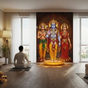 A serene modern Indian living room with floor-to-ceiling windows, where a young Indian professional in contemporary clothes (crisp white kurta, designer jeans) sits in meditation posture on a minimalist yoga mat. Behind him, a sophisticated digital display shows the time 20:25. The wall features a large, intricately detailed Madhubani-style painting of Lord Ram, Sita, Lakshman, and Hanuman in traditional poses with detailed features and weapons. The room seamlessly blends traditional elements (brass diyas, tulsi plant) with modern tech (smart home devices, sleek furniture). A soft, golden aura emanates from the meditation space, creating ethereal patterns that form subtle Ram-naam scripts in the air. The lighting is warm and diffused, with morning sunlight filtering through sheer curtains. The color palette combines deep maroons, saffron, and peacock blue with modern grays and whites. Artistic style should blend hyperrealistic digital art with traditional Pattachitra patterns in the details, emphasizing the fusion of ancient and modern.