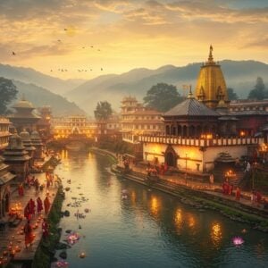 A majestic aerial view of Pashupatinath Temple complex during golden sunset, with its gilded pagoda roofs and intricate Nepali architecture gleaming against the backdrop of misty Himalayas. The main temple, featuring traditional tiered architecture with gold-plated roof and silver doors, sits prominently beside the sacred Bagmati River which flows with ethereal blue waters. Multiple stone paths lined with ornate butter lamps lead to the temple from different directions, symbolizing various routes. In the foreground, a group of pilgrims in traditional Indian attire (kurtas and sarees) walking towards the temple, their expressions serene and devotional. Floating lotus flowers and diyas drift in the river, creating gentle ripples of golden light. The scene is enhanced with soft glowing halos around the temple spires, mystical fog rolling down from the mountains, and intricate Nepali-style mandalas floating in the sky. The art style combines hyperrealistic architectural details with ethereal lighting and traditional Pattachitra patterns in the sky and water. The color palette features deep maroons, saffron, gold, and peacock blue, with accent colors of soft pastels in the sky.