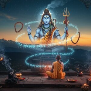 A serene Indian man in traditional white dhoti and angavastram, seated in padmasana on a carved stone platform near an ancient Shiva temple. Lord Shiva's ethereal form appears above him in meditation pose - ash-covered skin, matted locks with crescent moon, three eyes, snake around neck, trident in one hand, damaru in another, abhaya mudra in third, and rudraksha mala in fourth. The background shows the Himalayas at dawn with soft golden light. Streams of sacred Sanskrit verses in glowing blue light spiral around the meditator towards Shiva. Multiple rudraksha malas float and orbit the scene. Smoke from ritual fire creates mystical patterns. The lighting is otherworldly with cool blues from Shiva contrasting warm golden temple lights. Intricate Madhubani-style geometric patterns and mandalas frame the scene. Oil lamps and incense create a divine atmosphere. The art style combines photorealistic elements with traditional Indian aesthetic, rendered in rich colors like deep blues, saffron and gold. The overall mood is deeply spiritual and meditative.