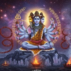 A serene scene depicting Lord Shiva in his five-headed Sadashiva form, sitting in padmasana on a crystal mountain peak. Each face radiates different colored divine light - crystal white, golden yellow, deep blue, blood red, and pure white. His eight hands hold specific attributes - damaru, trishul, rudraksha mala, kamandalu, abhaya mudra, varada mudra, deer, and agni. He wears a tiger skin, has the crescent moon in his matted locks, and the Ganga flowing from his hair. Around him float ethereal Sanskrit verses of the Rudram in golden light, transforming into streams of energy. The background shows the cosmic dance of creation with swirling galaxies in deep purples and blues. Smoke from sacred yagna fire rises in intricate patterns, forming subtle mandalas. The overall scene is rendered in a blend of traditional Indian Thanjavur art style with modern digital aesthetics, featuring rich gold leaf effects, deep maroons, and celestial blues. Multiple rudraksha beads float in the air, emanating a soft golden glow. The atmosphere is highly detailed, mystical, and radiates divine energy with soft light particles and subtle geometric patterns.