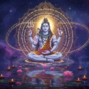 A serene cosmic scene depicting Lord Shiva in deep meditation, floating in a celestial ethereal space. He has four arms - upper right hand holding damaru, upper left hand holding trishul, lower right hand in abhaya mudra, lower left hand holding rudraksha mala. His form is translucent with a soft blue glow, adorned with crescent moon, serpent around neck, and matted locks flowing with the Ganga. Behind him is an enormous ornate mandala in gold and deep blue, emanating rays of divine light. Sacred Sanskrit verses of the Mahimna Stotra appear as glowing golden energy streams swirling around him. The foreground features a crystal clear lotus pond reflecting the cosmic scene, with floating diyas and flower petals. Smoke from burning incense creates mystical patterns. The artwork combines traditional Thanjavur painting style with modern digital art aesthetics, using a color palette of deep blues, cosmic purples, and metallic golds. Photorealistic rendering with slight ethereal effects, creating a meditative and transcendental atmosphere.