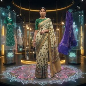 A stunning Indian fashion boutique interior with floating modern fusion sarees in jewel tones (emerald, sapphire, royal purple) suspended in mid-air, creating an ethereal display. A young Indian female model wearing a contemporary metallic gold designer blouse paired with a minimalist ivory saree featuring geometric Madhubani patterns stands in the center. Holographic AR mirrors surround her, each reflecting different futuristic Indo-western outfit combinations. The space features sleek chrome and glass displays with smart fabric swatches that change colors. Soft ambient lighting with golden undertones illuminates the scene, while digital lotus motifs bloom and fade on transparent screens. Traditional mandala patterns in neon colors are projected onto the floor, creating a perfect blend of heritage and high-tech. The model wears modern smart jewelry that glows subtly, and her hair is styled in a sophisticated updo with golden thread work. The atmosphere combines luxury retail with advanced technology, rendered in a photorealistic style with enhanced digital art elements and rich, saturated colors.