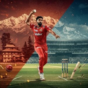 A dynamic action scene of an Indian cricketer in mid-bowling stance against the majestic backdrop of snow-capped Himalayan peaks, wearing Punjab Kings IPL jersey in red and silver. The foreground shows him releasing the cricket ball with perfect form, his muscles tensed in precise detail. The scene is split diagonally - one half showing a rustic cricket ground in Himachal with traditional architecture and pine trees, the other half depicting a modern IPL stadium with floodlights and cheering crowds. Golden ethereal light bathes the scene, while traditional Himachali patterns and motifs float in the background like transparent mandalas. The lighting creates a dramatic atmosphere with lens flares and bokeh effects. The composition includes cricket equipment scattered artistically - a wooden bat, red leather ball, and wickets emerging from decorative Pahari-style flourishes. Art style combines hyperrealistic sports photography with mystical Indian art elements, rendered in rich colors of maroon, gold, and deep blue with modern digital finishing.