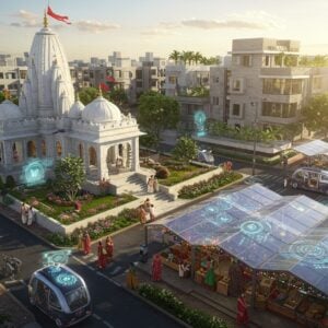 An aerial view of a modern Indian neighborhood blending traditional and futuristic elements, featuring ornate white and gold temples with curved spires alongside sleek glass buildings. The streets are lined with holographic information displays and smart street lamps decorated with intricate Madhubani patterns. In the foreground, a bustling market street with vendors selling traditional spices and artifacts under high-tech transparent canopies that shimmer with solar-powered lights. The scene includes floating garden terraces with blooming lotus flowers and vertical farms. Indian families in contemporary fusion wear (mixing traditional and modern styles) explore the area, some using augmented reality devices. The color palette combines deep maroons and peacock blues with modern metallic accents. Small autonomous vehicles with mandala-inspired designs navigate the streets. The lighting creates a warm, golden hour effect, with sun rays filtering through the buildings, creating dramatic shadows. The scene is rendered in a style that merges digital art with traditional Indian Pattachitra art elements, featuring intricate border patterns and stylized architectural details. The atmosphere suggests a harmonious blend of spiritual heritage and technological advancement.