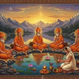 A serene scene depicting seven ancient Indian Rishis (sages) meditating in a mystical Himalayan setting during sunrise, wearing saffron robes with sacred threads. They sit in padmasana pose on individual tiger skins near a crystal-clear mountain lake. Each sage radiates a subtle golden aura. In the foreground, a devoted Indian woman in a pristine white saree performs ritualistic worship, offering traditional items - water in a copper kalash, fresh flowers, and fruits on brass plates. Behind her, floating lotus flowers and diyas illuminate the water's surface. The background features majestic snow-capped peaks bathed in warm golden light, with wisps of sacred fire smoke creating ethereal patterns. Sacred symbols like Om and swastikas are delicately woven into the scene through glowing mandalas. The art style combines traditional Madhubani patterns in the borders with modern digital art techniques, using a color palette of deep saffron, celestial blues, and touches of gold. Intricate geometric patterns and fine details in traditional Indian art style frame the entire composition.