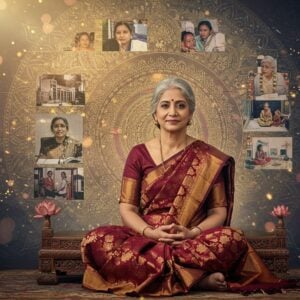 A luminous portrait of an elegant Indian woman in her late 40s wearing a rich maroon and gold Kanchipuram silk saree, seated in padmasana on a carved wooden platform. Her serene face radiates wisdom, with graceful aging lines and knowing eyes. Behind her, a large ethereal mandala glows in soft gold and peacock blue, incorporating traditional Madhubani patterns. Multiple translucent layers show her journey - from a young girl studying, to speaking at conferences, to teaching others. Sacred lotus flowers float around her in various stages of bloom, symbolizing growth. The background features intricate Pattachitra-style artwork showing modern office buildings seamlessly blending with traditional Indian architectural elements. Soft orbs of light in pastel pink and ivory float around her like fireflies. Her silver-streaked hair is elegantly styled, and she wears minimal but elegant gold jewelry. The lighting is warm and inspiring, creating a powerful halo effect around her. The composition employs digital art techniques while maintaining traditional Indian art elements, with a modern professional aesthetic balanced with spiritual undertones.