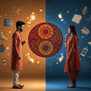 A young Indian couple facing each other in a modern minimalist setting, the man wearing a traditional kurta with contemporary styling while the woman in chic western attire with subtle Indian elements. Between them floats a large, stylized yin-yang symbol rendered in deep maroon and saffron, decorated with intricate Madhubani patterns. The background features two contrasting sections - one side with coding symbols, laptops, and modern tech elements in cool blue tones, the other with traditional Indian motifs, books, and cultural symbols in warm golden hues. Soft glowing orbs and geometric mandalas float around them, creating a dreamy atmosphere. Their body language suggests both attraction and conflict - leaning slightly towards each other but with questioning expressions. The lighting creates a dramatic contrast, with one side bathed in warm traditional Indian colors and the other in cool modern tones. The art style combines hyperrealistic digital rendering with traditional Indian art patterns, featuring detailed textures and a surreal, ethereal quality. Small elements like coffee cups, smartphones, and traditional Indian jewelry scattered around symbolize their different lifestyles.