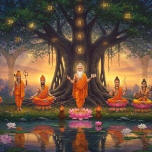A mystical forest clearing at dawn, where seven distinguished Indian Rishis in traditional saffron robes meditate in padmasana posture, floating slightly above lotus pedestals. Each sage radiates a distinct aura of different colors. The central figure is Maharishi Vyasa with a flowing white beard, holding ancient palm leaf manuscripts. Around him are Vashishtha with his kamandalu, Vishwamitra with his divine bow, Agastya performing a sacred fire ritual, Narada playing his veena, Atri gazing at celestial bodies, and Bharadwaja with peaceful meditation mudra. Behind them, a massive sacred banyan tree with golden leaves spreads its aerial roots, creating natural archways. Intricate Madhubani-style patterns in gold and deep maroon decorate the tree's bark. Ethereal light streams through the canopy, creating divine light rays. Sacred symbols like Om and swastikas float in the air as golden light particles. The foreground features a crystal-clear pond reflecting the scene, surrounded by blooming lotus flowers in pastel pink and white. Glowing mandalas hover in the background sky, which transitions from deep indigo to soft orange dawn colors. The scene is rendered in a style blending hyperrealistic digital art with traditional Pattachitra patterns, emphasizing both mysticism and historical authenticity.