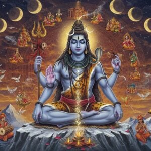 A majestic Lord Shiva in deep meditation, seated in Padmasana on a silver-white mountain peak resembling Mount Kailash, his four hands holding damaru (upper right), trishul (upper left), rudraksha mala (lower right), and blessing mudra (lower left). His form ethereally glows with a cosmic blue aura, intricate Madhubani-style patterns flowing within. Sacred musical notes visualized as golden streams emerge from his damaru, transforming into peaceful white doves mid-flight. The background features a massive mandala made of sound waves in deep maroon and saffron hues, with miniature scenes of different singers and musicians in traditional Indian attire arranged along its circular patterns. Floating crystal clear water droplets reflect various musical instruments - veena, tabla, and flute. His matted locks flow with the celestial Ganga, creating a mystical waterfall effect with hints of bioluminescent blue. The scene is bathed in a combination of cool moonlight and warm golden hues, with subtle floating lotus petals and trailing wisps of sacred incense smoke. Multiple moons in different phases appear in the background, creating a surreal, divine atmosphere. The art style merges hyperrealistic digital painting with traditional Indian Pattachitra patterns, emphasizing both spiritual depth and contemporary appeal.