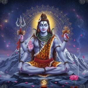 A majestic portrait of Lord Shiva in deep meditation, seated in Padmasana on a snow-capped peak of Mount Kailash, his four arms displaying his iconic attributes - Trishul in upper right hand, Damaru in upper left hand, lower right hand in Abhaya mudra, lower left hand holding a lotus. His serene face radiates divine light, with third eye prominently visible, crescent moon in his matted locks intertwined with the sacred Ganga. Multiple cobras adorning his neck and arms, tiger skin draped around his waist. The background features a cosmic mandala in deep blues and golds with Sanskrit symbols floating ethereally. Soft rays of moonlight illuminate the scene, creating a mystical atmosphere with wispy clouds and floating lotus petals. Intricate Madhubani-style patterns frame the corners, merging into modern digital art aesthetics with a gradient of deep indigo to celestial purple. A subtle Om symbol glows in the background, while incense smoke creates artistic swirls in the air. The artwork combines photorealistic elements with surreal, spiritual overtones, emphasizing both Shiva's fierce and peaceful aspects.