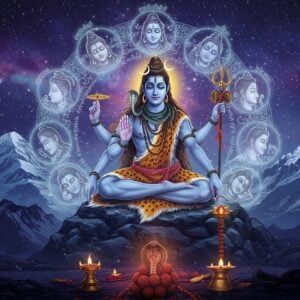 A majestic, ethereal scene depicting Lord Shiva in his Rudra form, seated in padmasana on Mount Kailash, with eight translucent, ghostly manifestations of himself arranged in a circular mandala pattern around him. The central Shiva has four arms - upper right holding trishul, upper left holding damaru, lower right in abhaya mudra, lower left holding kamandalu. His matted hair flows with the cosmic energy, containing crescent moon and Ganga. The background features a deep indigo-purple cosmic sky with swirling golden Sanskrit verses transforming into streams of light. The mountain is crystalline with snow peaks glowing in moonlight. Traditional Madhubani-style patterns and motifs seamlessly blend with modern digital art techniques. Intricate sacred geometry patterns pulse with divine energy in shades of electric blue and gold. The scene is illuminated by soft ethereal light emanating from Shiva's third eye. Sacred ash, rudraksha beads, and cobra motifs rendered in an ornate style complete the composition. The overall mood is intense yet meditative, with a color palette of deep blues, cosmic purples, pristine whites, and molten golds.