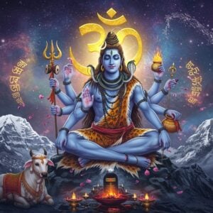 A majestic Lord Shiva in his Rudra form, seated in Padmasana on Mount Kailash, eight-armed holding trishul, damaru, akshamala, and kamandalu, with two hands in abhaya and varada mudra, two hands in dhyana mudra. His form radiates intense blue aura with intricate Madhubani-style patterns. Sacred ash adorns his body, matted locks flow with the celestial Ganga, crescent moon on his head, third eye prominent. The background features a massive golden Om symbol floating in space, surrounded by swirling cosmic energies in deep indigo and royal purple. Floating crystal-clear water droplets transform into Sanskrit verses. Sacred fire emanates from his form in spiraling patterns. The scene is illuminated by ethereal light, creating a surreal atmosphere with floating lotus petals and vibhuti particles. Nandi is seated devotionally at the base of the mountain. Hyperrealistic digital art style with intricate details, dramatic lighting, and a mystical color palette of deep blues, golds, and cosmic purples.