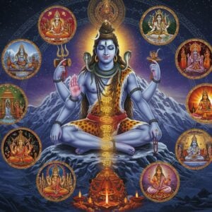 A majestic, ethereal scene depicting Lord Shiva in his Rudra form, seated in padmasana on a snow-capped Kailash mountain. He has four arms - upper right holding trishul with vibrating energy, upper left holding damaru with cosmic soundwaves emanating, lower right in abhaya mudra, and lower left holding a rudraksha mala. His form is semi-transparent with a cosmic blue aura, adorned with serpents, crescent moon, and flowing matted locks. The background shows eight different mini-scenes in a circular mandala formation, each representing different aspects: a traditional puja setup with glowing diya, a festive temple celebration with bells, a peaceful home shrine, a meditation scene, flowing Ganga, rising sun, full moon, and a blooming rudraksha tree. Sacred Sanskrit vibrations visualized as golden light spirals emerge from his form. The image has a mystical quality with a color palette of deep blues, cosmic purples, warm golds, and stark whites. Intricate Madhubani-style patterns frame the entire scene, while modern digital lighting effects create a dimensional, luminous quality. Smoke from burning incense creates ethereal patterns in the air.