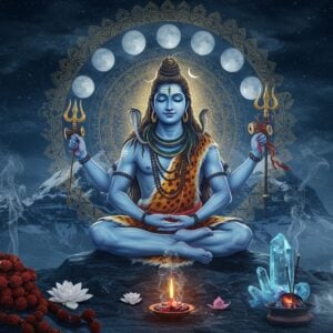 A serene, ethereal portrait of Lord Shiva in deep meditation, sitting cross-legged on a moonlit Kailash peak, his four hands displaying damaru, trishul, rudraksha mala, and abhaya mudra. His form radiates a soft, cosmic blue aura with swirling golden energy patterns. The eight aspects of Rudra manifest as translucent, ghostly forms in a circular arrangement behind him. His third eye emits a gentle golden light, and multiple crescent moons float around his matted locks. Sacred smoke from burning incense creates mystical patterns, while a crystal-clear waterfall flows nearby, transforming into healing light. The scene is adorned with scattered rudraksha beads and lotus flowers in shades of deep blue and white. The background features intricate Madhubani-style mandalas in gold and silver, merging traditional and modern digital art aesthetics. The lighting is dramatic yet spiritual, with soft moonbeams and ethereal glows creating a peaceful atmosphere. Hyperrealistic digital art style with rich textures and surreal elements.