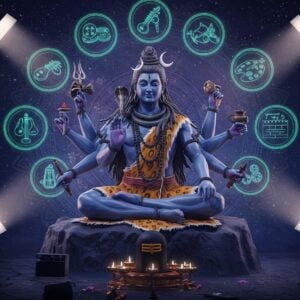 A majestic digital art composition showing Lord Shiva in his Rudra form, eight-armed, seated in padmasana on Mount Kailash. His four right hands hold damaru, trishul, akshamala, and abhaya mudra, while his left hands carry agni, snake, deer, and varada mudra. He's portrayed with a contemporary aesthetic - his matted locks have a cosmic nebula effect, and the third eye emanates modern neon-blue light. Around him, eight circular mandalas float in space, each containing modern interpretations of classical Indian musical instruments (sitar, tabla, veena). The background seamlessly blends traditional Thanjavur art style with futuristic holographic elements - showing film reels, music notes, and artistic tools floating in a spiritual aura. The color palette combines deep indigo, electric blue, burnished gold, and cosmic purples. Modern studio spotlights illuminate the scene from different angles, creating dramatic shadows. The entire composition is framed by an intricate mandala border that morphs from traditional patterns into modern geometric designs. Art style should merge hyperrealistic digital art with traditional Indian sculptural aesthetics, emphasis on dramatic lighting and metallic textures.