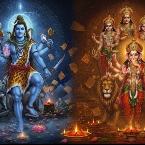 A majestic split-screen composition showing Lord Shiva in Rudra form on the left side - fierce yet serene, eight-armed, holding trishul, damaru, lotus, and sword, adorned with serpents, crescent moon, and matted hair flowing with Ganga, emanating intense blue aura with swirling cosmic energies. On the right side, a harmonious arrangement of other deities - Vishnu on Shesha with four arms holding conch, chakra, mace, and lotus, Ganesha with modaka and broken tusk, and Devi Durga on lion with ten arms holding traditional weapons. The background features intricate Madhubani-style patterns, floating Sanskrit manuscripts in golden light, and a large central mandala where both sides merge through swirling energy patterns. The scene is illuminated by divine light in hues of deep indigo, saffron, and gold, with floating lotus petals and vibhuti particles. Ethereal mist surrounds the composition, creating a mystical atmosphere enhanced by subtle Om symbols in the backdrop.