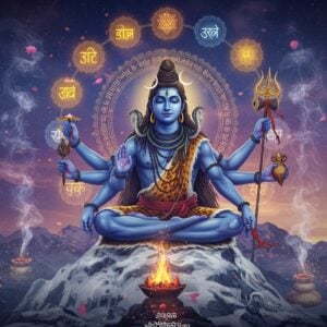 A majestic Lord Shiva in deep meditation, seated in Padmasana on a silver-white peak of Mount Kailash, eight-armed form, each hand holding significant items - damaru, trishul, rudraksha mala, kamandalu, lotus, abhaya mudra, varada mudra, and one hand in dhyana mudra. His form radiates a cosmic blue aura with intricate Madhubani-style patterns. Eight ethereal golden verses in Sanskrit float around him in a circular mandala formation, each transforming into divine elements - fire, water, earth, air, space, sun, moon, and consciousness, rendered in a modern digital art style. The background features a gradient from deep indigo to cosmic purple, with the crescent moon in his matted locks glowing softly. Sacred smoke from yagna fire rises in spiral patterns, while celestial lotus flowers float in the atmosphere. Multiple translucent layers of sacred geometry and yantra patterns overlap in the background. The scene is illuminated by divine light emanating from his third eye, creating a surreal, spiritual atmosphere. Soft particles of divine energy float around, rendered in warm gold and silver tones. Photorealistic rendering with elements of traditional Indian art, hyperdetailed, cinematic lighting, 8k resolution.