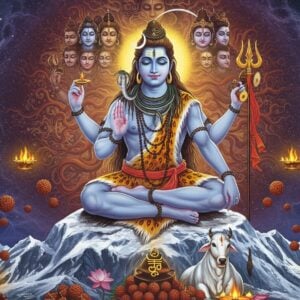 A majestic Lord Shiva in deep meditation, seated in padmasana on a silver-white peak of Mount Kailash, eight-armed form, each hand holding significant items - damaru, trishul, rudraksha mala, kamandalu, lotus, deer, abhaya mudra, and varada mudra. His form radiates a soft blue aura, with intricate Madhubani-style patterns within. His matted locks flow with the celestial Ganga, adorned with a crescent moon. The background features eight mystical manifestations of Rudra emerging from swirling cosmic energy in deep maroon and gold hues. Sacred Sanskrit vibrations visualized as golden light waves emanate from His meditation. Nandi sits devotedly at the base. The scene is surrounded by floating rudraksha beads and lotus flowers in a ethereal composition. The color palette combines deep blues, cosmic purples, burning golds, and pristine whites. The art style merges hyperrealistic digital art with traditional Pattachitra elements, creating a modern yet spiritually authentic visualization.